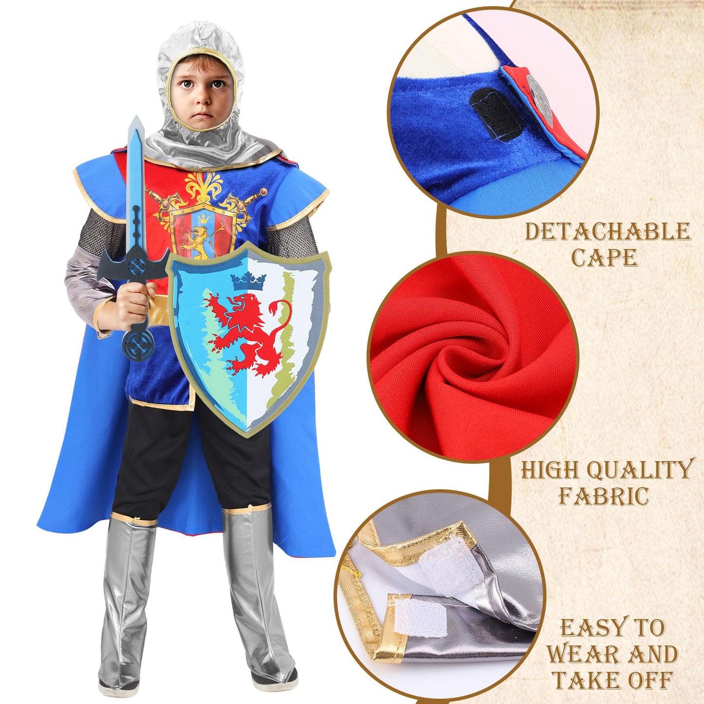 G.C Kids Knight Costume Toddler Boy Dress Up Clothes Medieval Costumes With Cape Toys Accessories Halloween Gifts