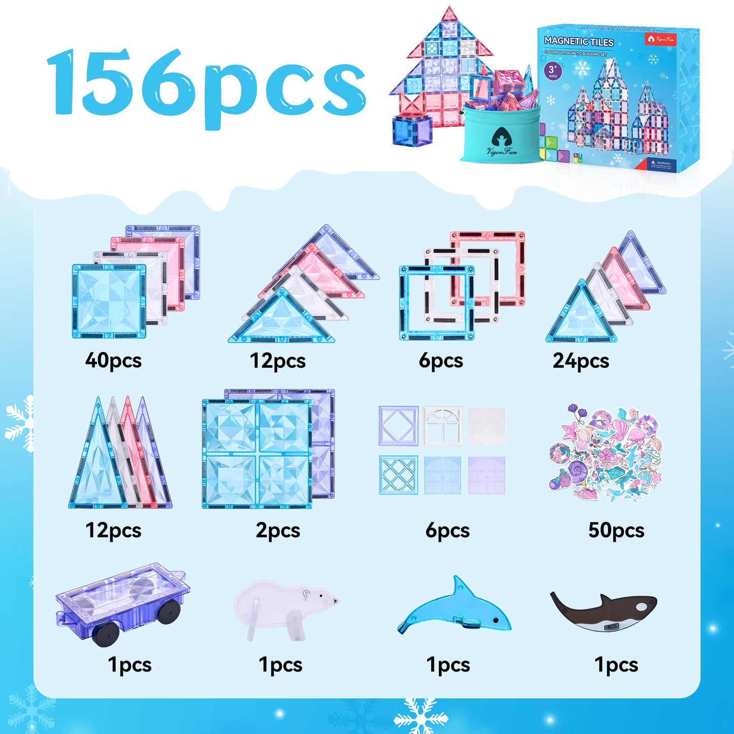 Magnetic Tiles Set, Frozen Magnet Building Blocks With Car Animal Models And Stickers, Construction Educational Stem Sensory Toy