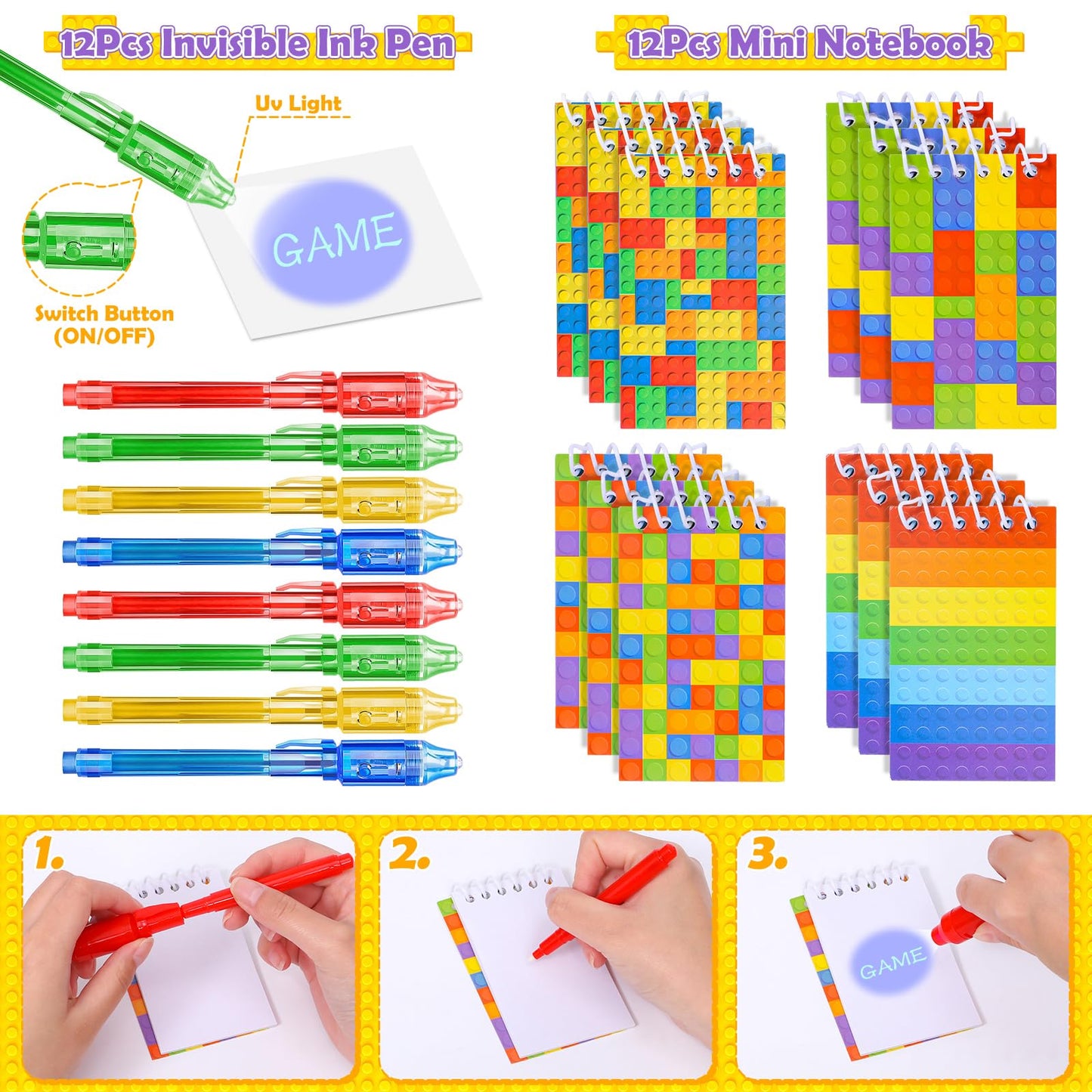 Keleno 76 Pcs Building Block Birthday Party Favors Supplies Invisible Ink Pen Notebook Straw Box Goodie Bag Stuffer Kids Boys To