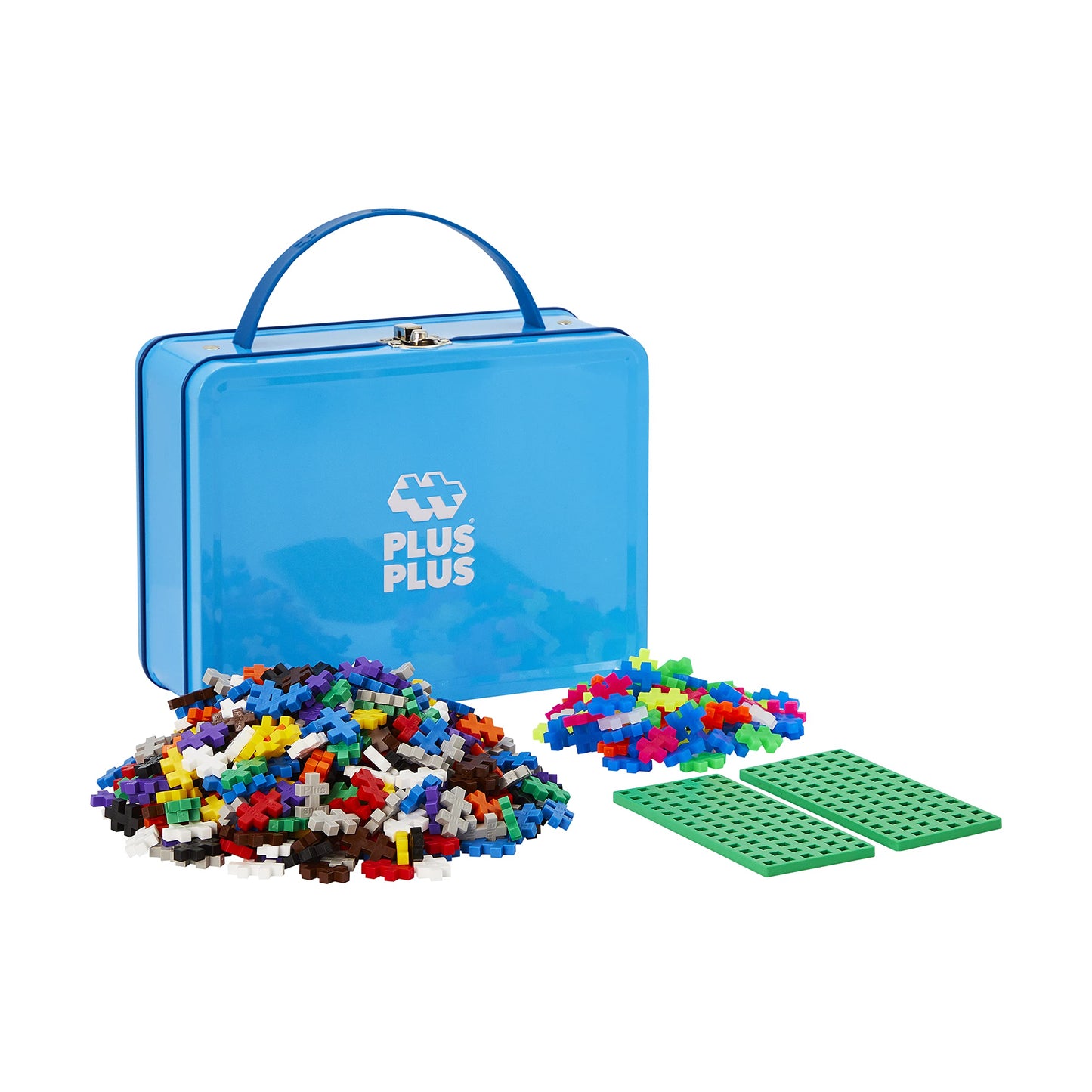 Plus Plus Building Set With Metal Suitcase, 3D Open Ended Stem Toy For Kids, 600 Mini Interlocking Pieces, 2 Green Baseplates