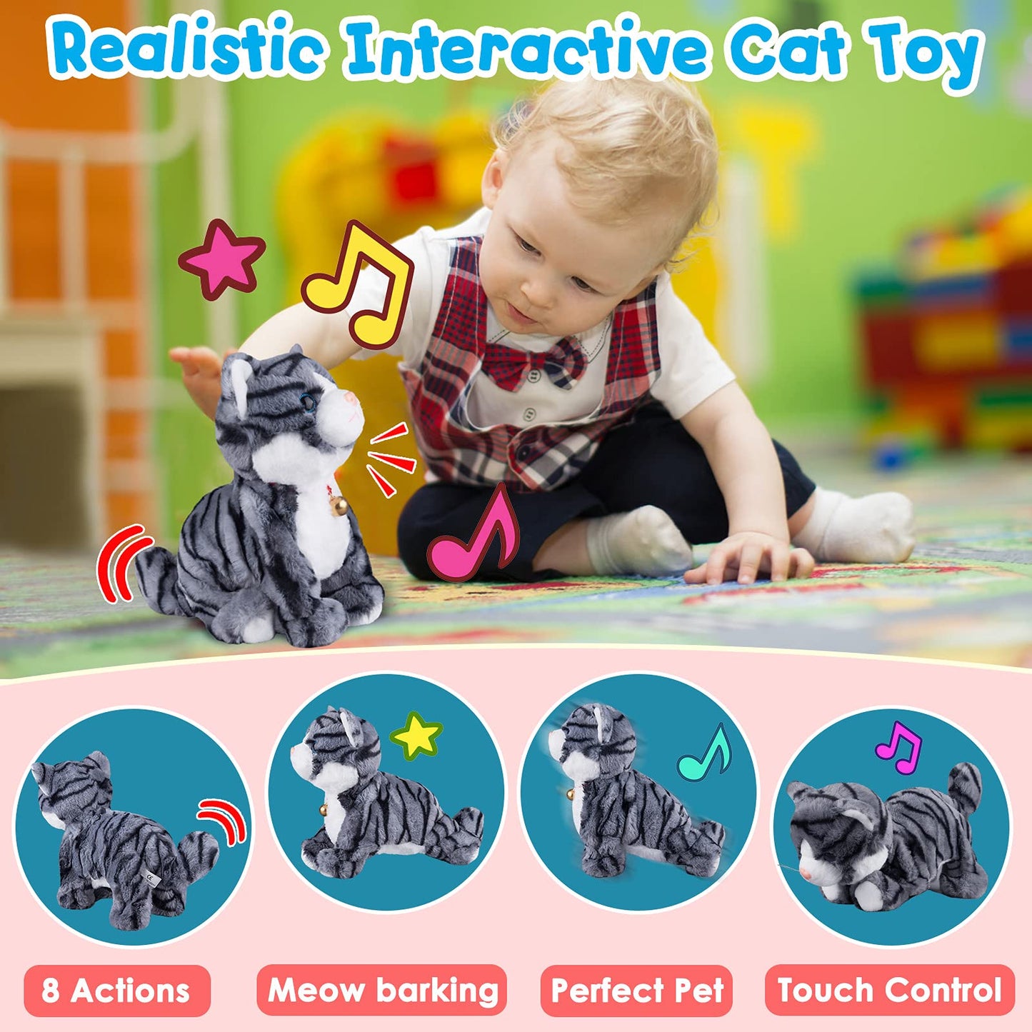 Pattern Gray Robotic Cat Toy For Kid That Move And Meow Purrs Touch Control Kitten Toys Animated Realistic Kitty Toys Kitten Robot Toy For Halloween Birthday H:12'