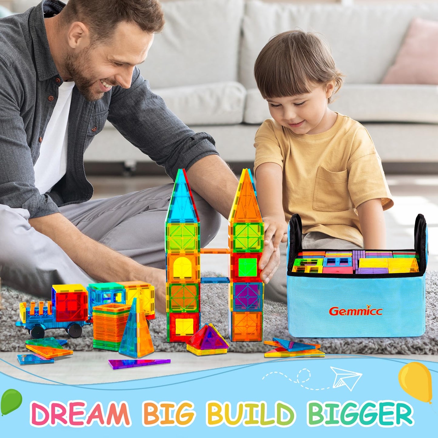 Gemmicc Magnetic Tiles, 126 Pcs + Storage Case, Stem Building Blocks Magnet Toys For Kids,Educational Building Toy Stacking Blocks For Boys Girls,Huge Set With 2 Cars