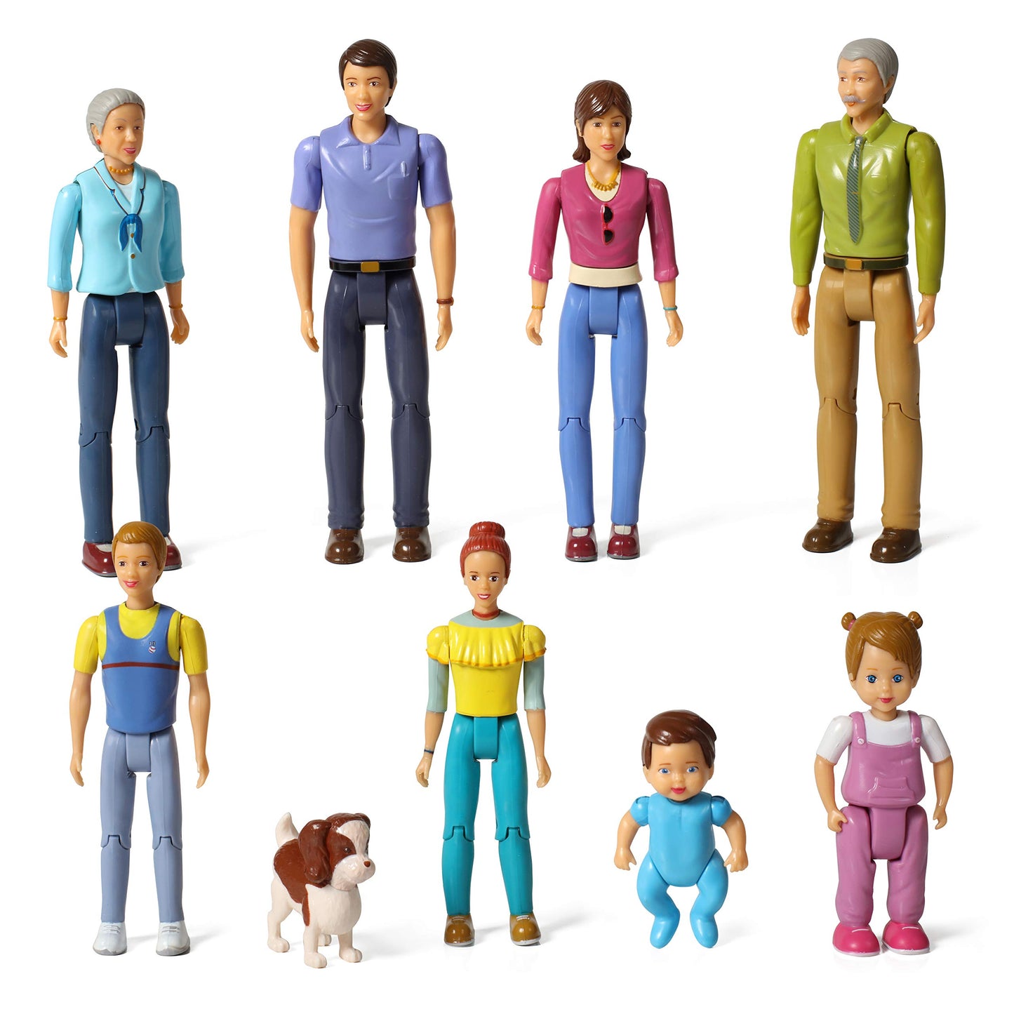 Beverly Hills Doll Collection Sweet Lil Family Friends Figures - New Addition Set Of 9 Dollhouse People - Grandma, Grandpa, Mom, Dad, Sister, Brother, Toddler, Baby And Dog