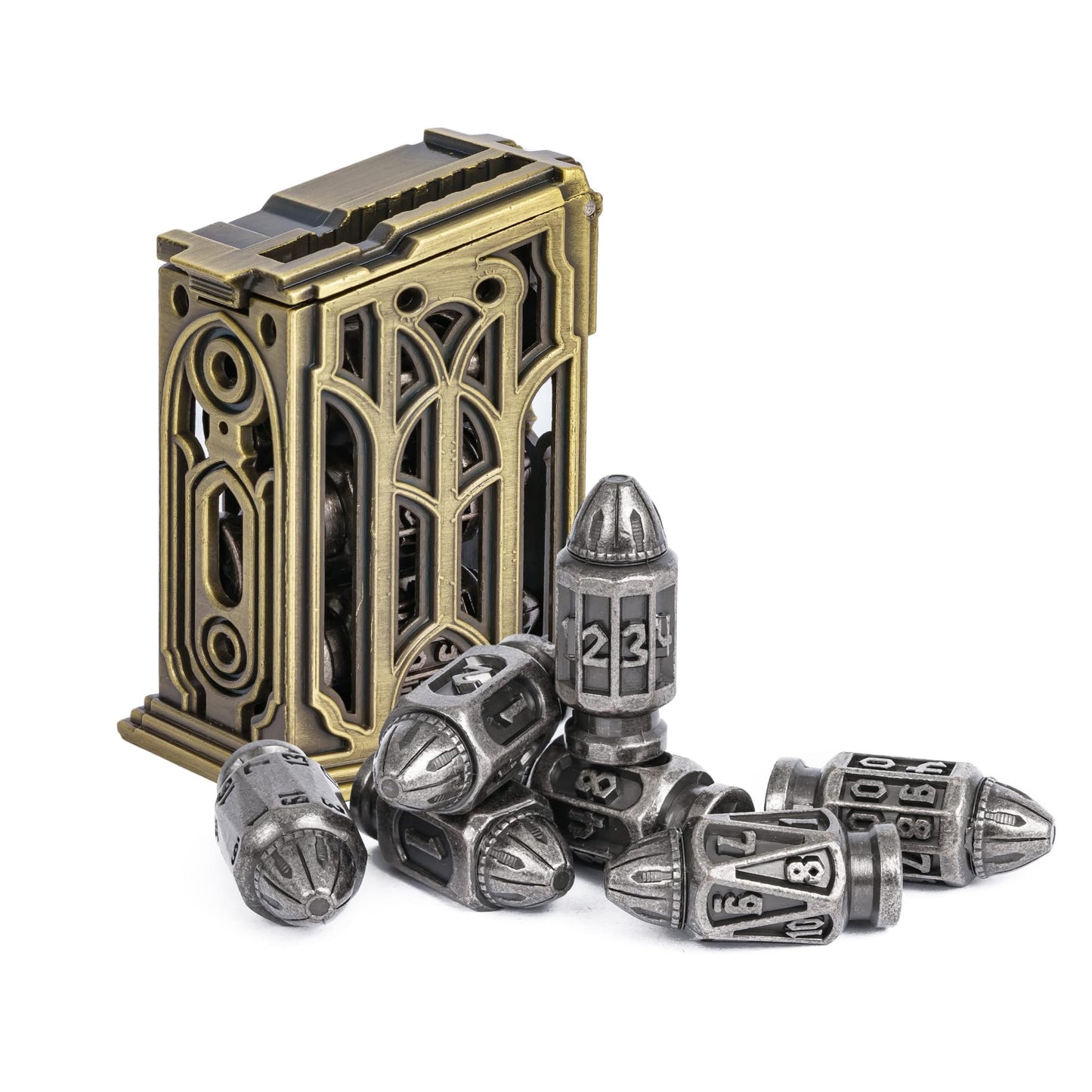 Udixi Metal Dnd Dice Set, 7-Die Bullet Polyhedral Dice Set Cool Style With Magazine Container For D&D, Role Playing Game Or Othe
