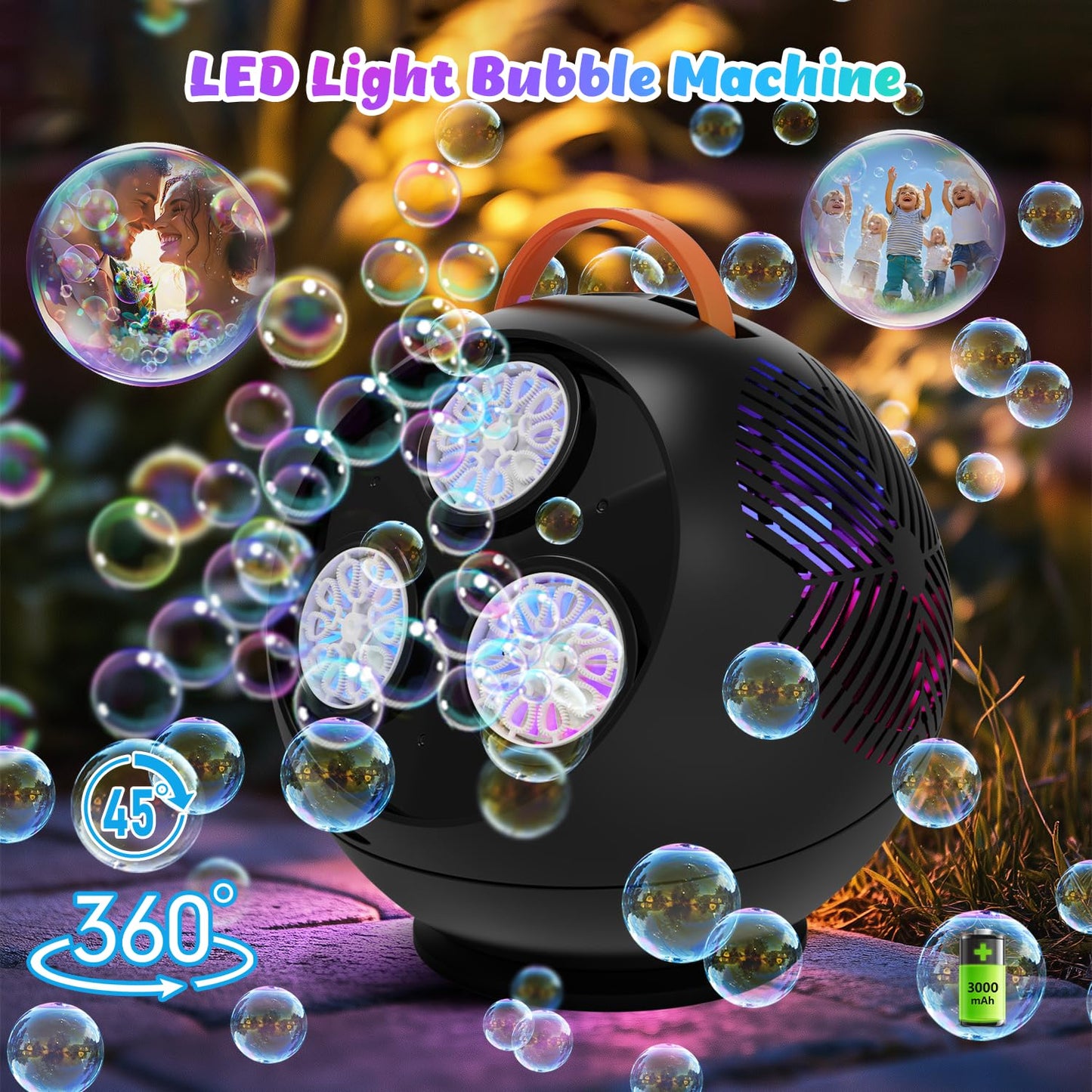Bubble Machine for Kids Toddlers,45/360 Automatic Rotation Spherical Bubble Maker Toy with RGB Light,Rechargeable Type-C Charge