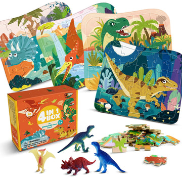 Zippytots Wooden Dinosaur Puzzles for Kids Ages 4-6, 4 in 1 Gift Box 4-Pack 20-Piece Jigsaw Puzzles Come with 4 Small Dino Figur