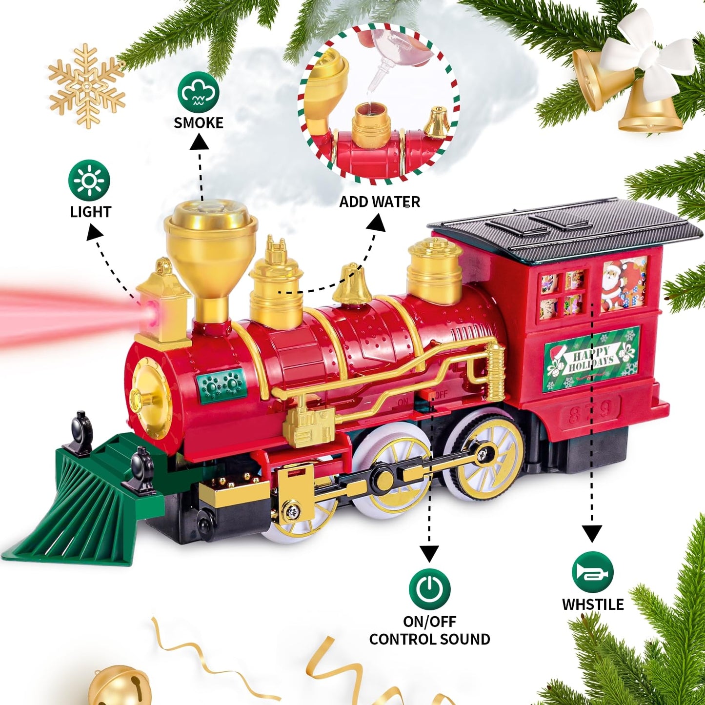 Shemira Christmas Train Set, Train Toys For Boys Girls, Toy Train With Smoke, Light And Sound, Steam Train Sets For Around Christmas Tree, Christmas Train Toys Gifts For 3 4 5 6 7 8+ Years Old Kids