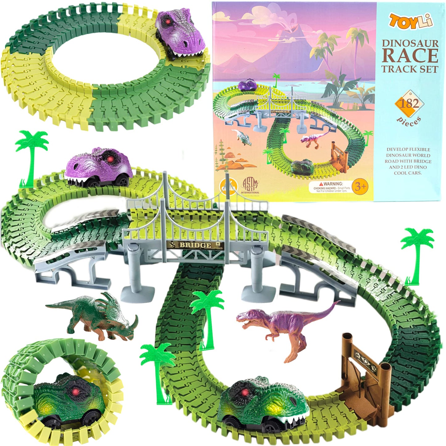 Toyli Dinosaur Race Track Set 182 Pieces, Dino Track Flexible Dinosaur Road Race Playset With Bridge, Ramps, Dinosaur Track Toy