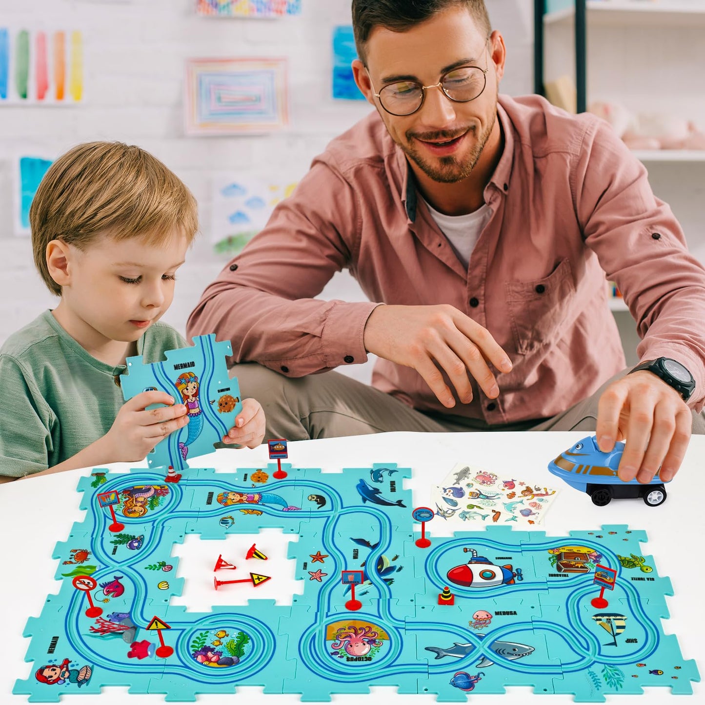 VESPRO 25PCS Puzzle Racer Kids Car Track Set - Ocean Themed, Educational Plastic Toys for Boys and Girls