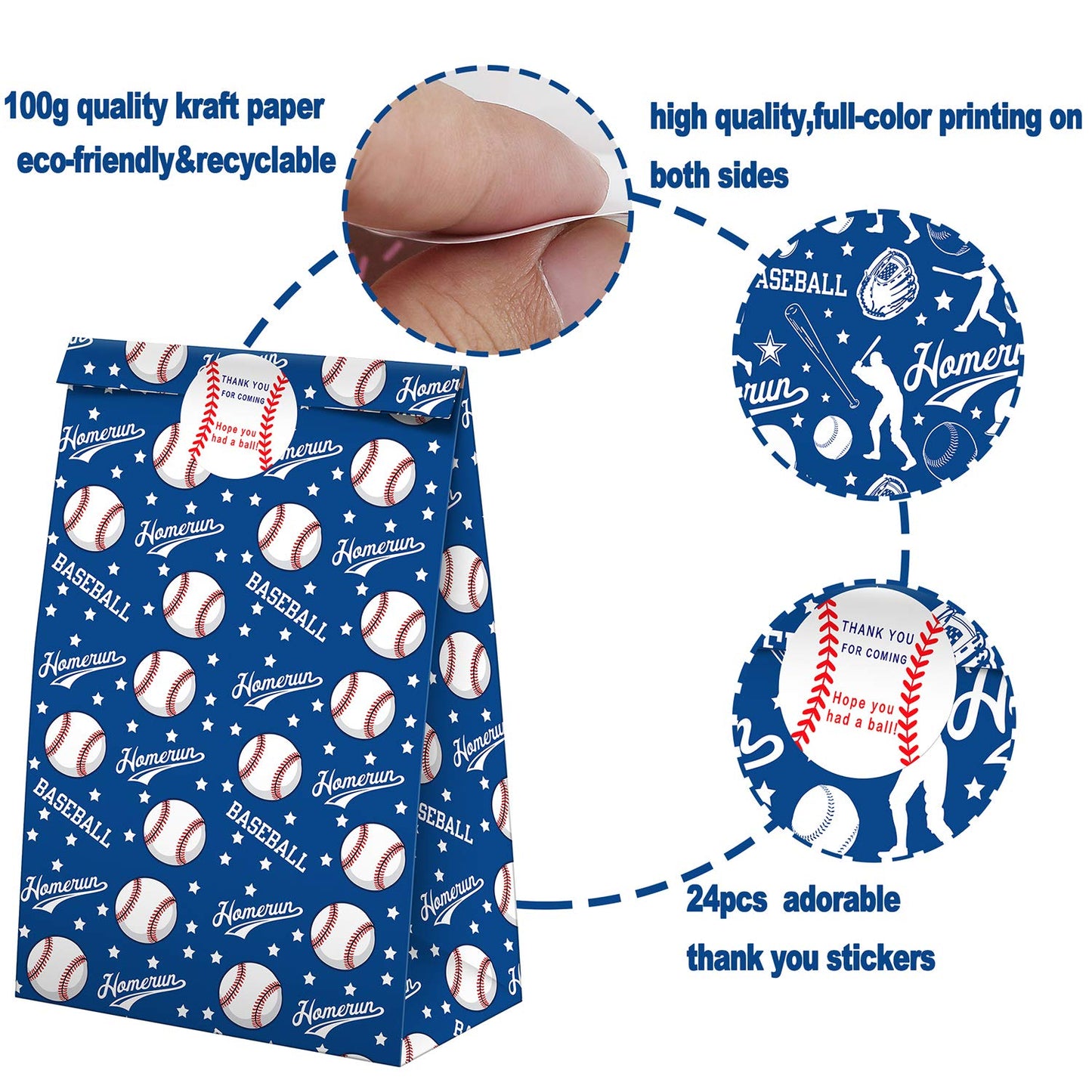 Sampartyshop 24 Pack Baseball Party Candy Favor Bags With Stickers, Baseball Goodie Gift Treat Bags Baseball Themed Birthday Par