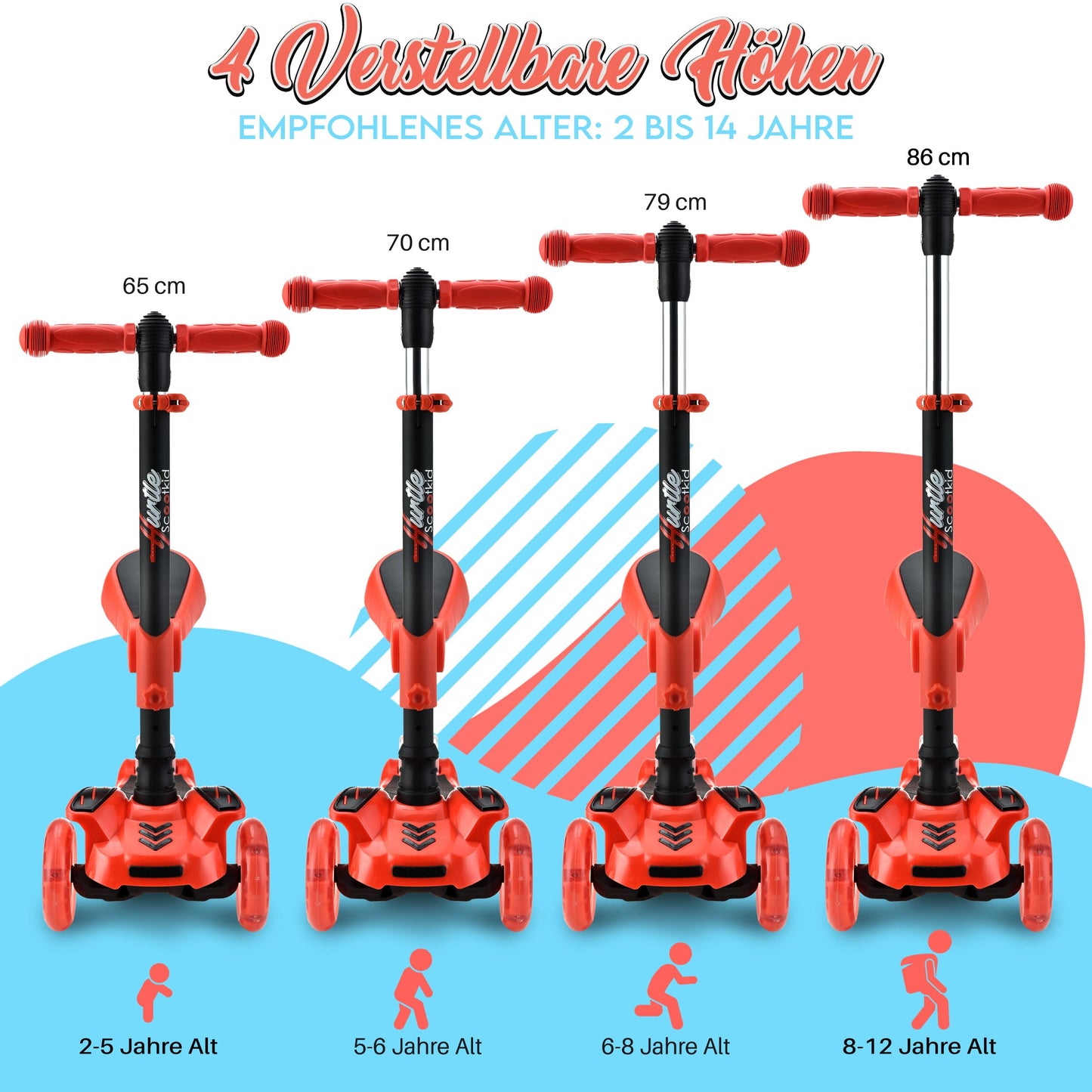 Hurtle Kids Scooter - Child Toddler Kick Scooter Toy With Foldable Seat - 3 Wheel Scooter With Adjustable Height, Anti-Slip Deck, Flashing Wheel Lights, For Boys/Girls 1-12 Year Old, Red