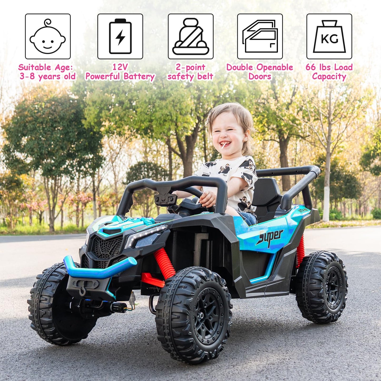 Run Fast 12v Ride on Car with Parent Remote Control Electric Ride on Toys Car for Kids 3-5 2WD 25W Motors 4 Spring Suspension Safety Belt Horn Music and LED Lights(Blue 12V)