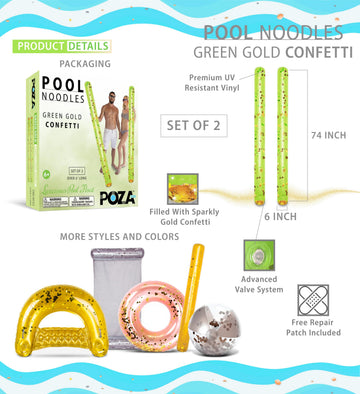 POZA 2 Pack of Inflatable Jumbo Pool Noodles - 74-Inch enhanced and elegant Giant Inflatable Sparkly Gold Glitter Confetti Pool Float Swim Noodles Inflatable Noodles for Pool - Green and Gold