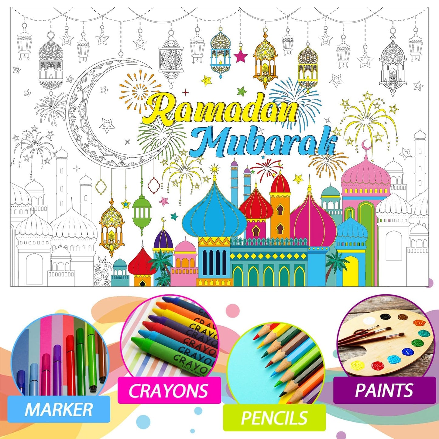 Naozinebi Ramadan Mubarak Coloring Poster For Kids Giant Coloring Poster Large Ramadan Kareem Coloring Tablecloth Jumbo Coloring
