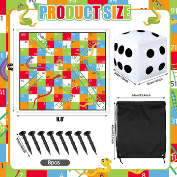 Realspring 9.8 Ft Giant Snakes And Ladders Game Playing Mat With 6 Nails 14 Inch Inflatable Dice And Storage Bag Floor Snake And