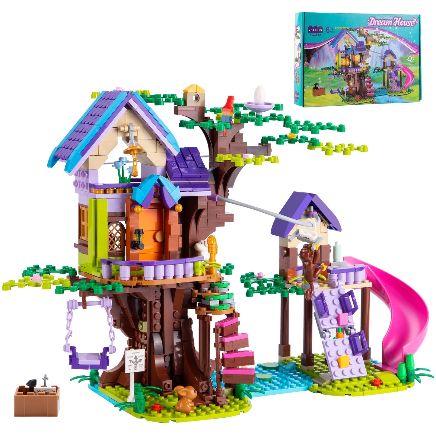 Hiemao Treehouse Building Blocks, Friendship Forest Treehouse Building Toy With Slide, Swing, Animals, Creative Forest Toy Great