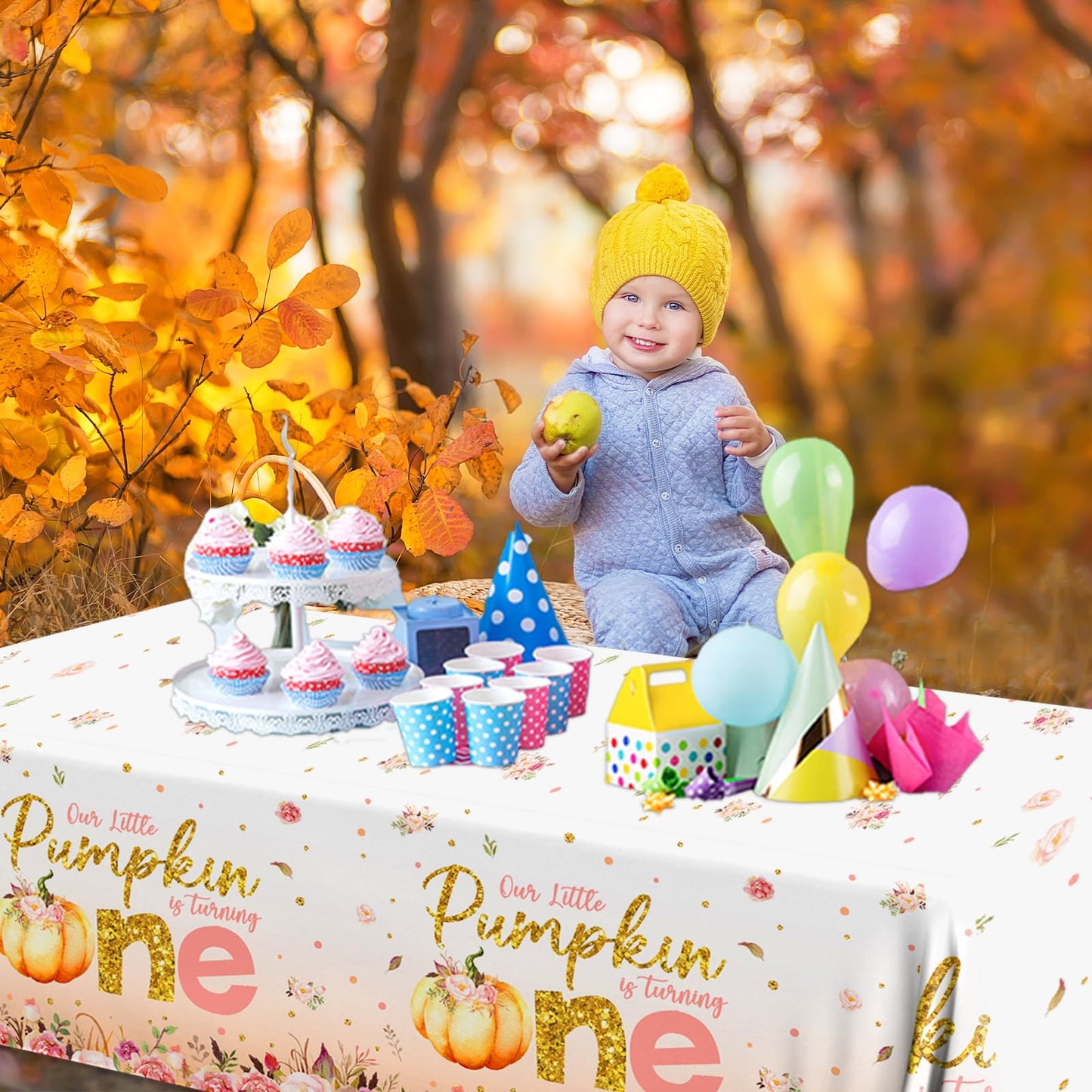 Pumpkin First Birthday Decorations For Girl - 3Pcs Little Pumpkin Is Turning One Tablecloth, Pumpkin Fall 1St Birthday Table Cov
