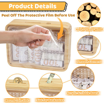 Money Saving Box Piggy Bank For Kids Adults,5000$ Target Savings Challenge Box 2024 Popular Cash Vault,One-Piece Wooden Savings Box Wipeable Count,Reusable Coin Bank For Boy Girl Build Saving Goals 5K