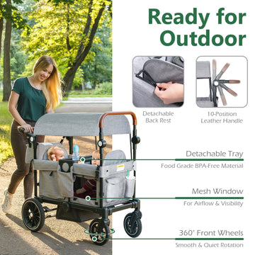 Kinder King Folding Wagon Stroller for 2 Kids All-Terrain Baby Stroller Wagon Outdoor Removable Canopy 2 Seater Adjustable Handle Shock-Absorbing Wheel Detachable Tray Parent Organizer Gray