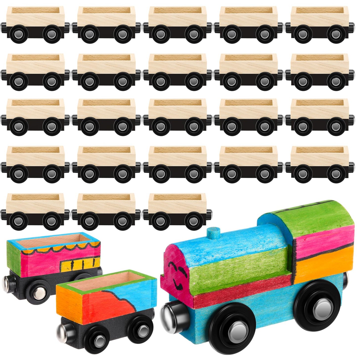 Lenwen 26 Pcs Unpainted Magnetic Wooden Trains Cars Unfinished Party Favors Wood Train Set For Birthday Party Train Theme Supplies Paint Project Craft Diy Decorations(Load Style)