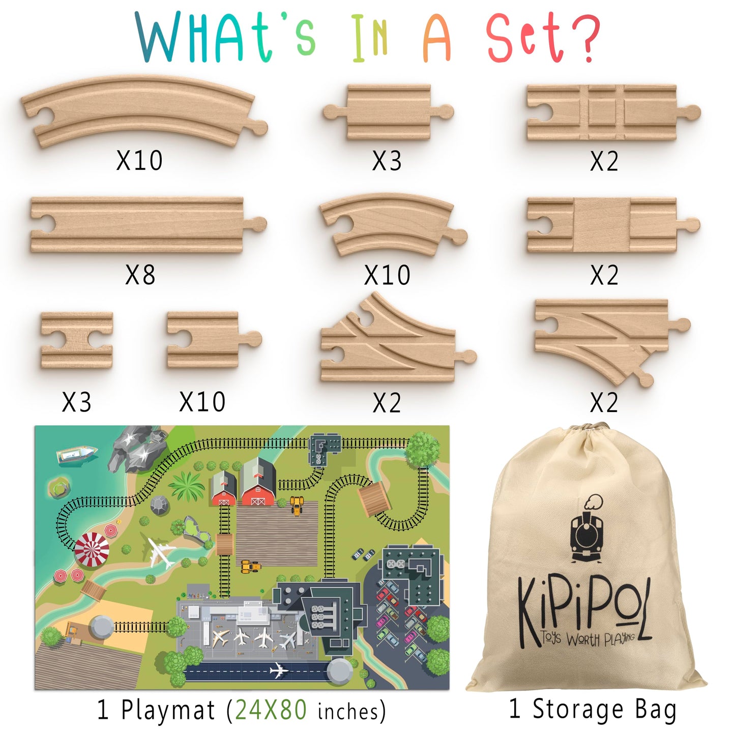 Kipipol Wooden Train Tracks Set - 52 Pcs+Bonus Railroad Map –Compatible W All Major Wooden Railway Toy Brands Including: Thomas The Train Track Set, Brio Train, Melissa And Doug Train Set For Kids 3+