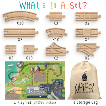 Kipipol Wooden Train Tracks Set - 52 Pcs+Bonus Railroad Map –Compatible W All Major Wooden Railway Toy Brands Including: Thomas The Train Track Set, Brio Train, Melissa And Doug Train Set For Kids 3+