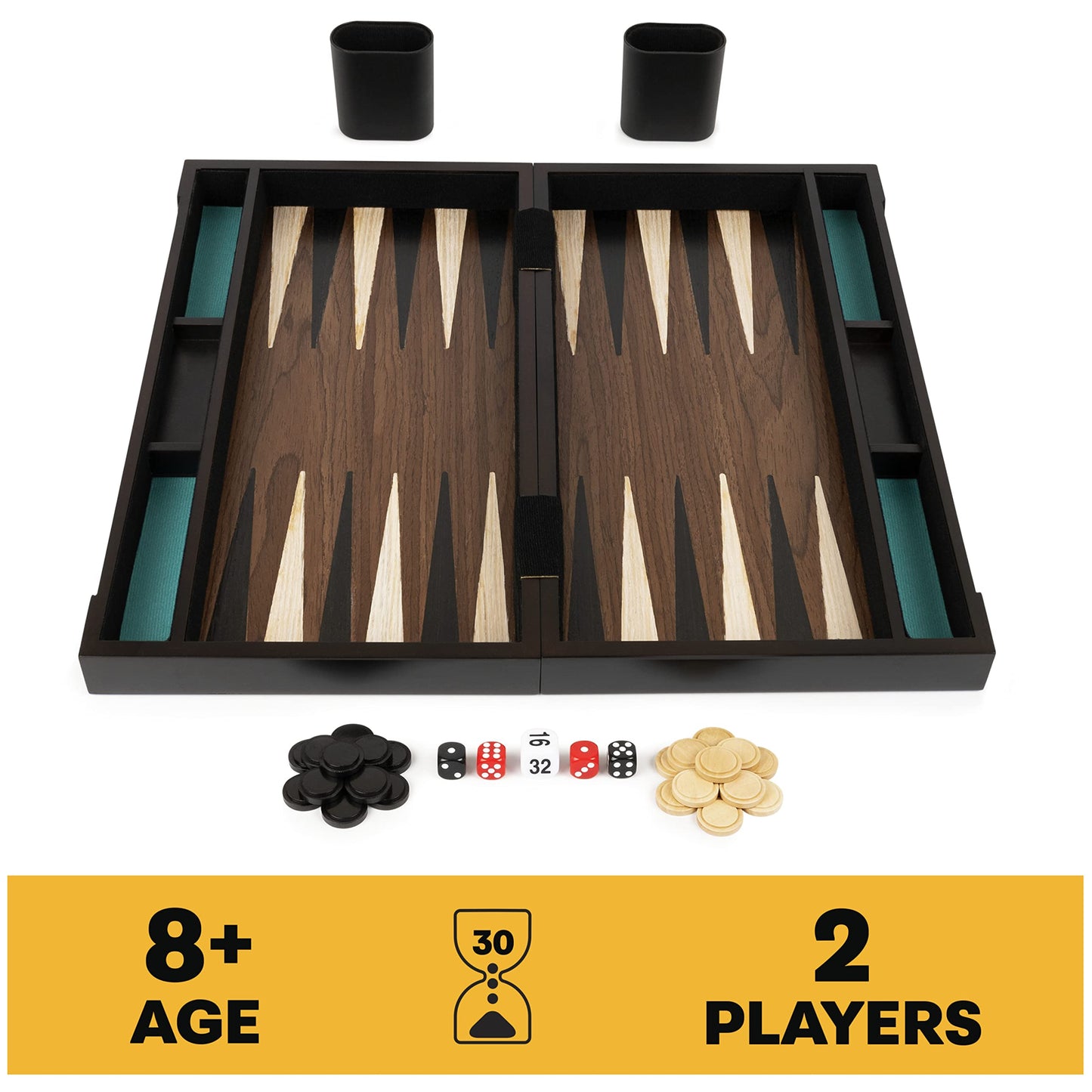 Spin Master Games Legacy Deluxe Wooden Backgammon Set - Classic 2-Player Board Game with Cups & Dice for Ages 8 and Up