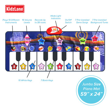 Piano Mat For Kids, 10 Selectable Sounds + Play -Record -Playback -Demo-Mode, Heavy Duty Material