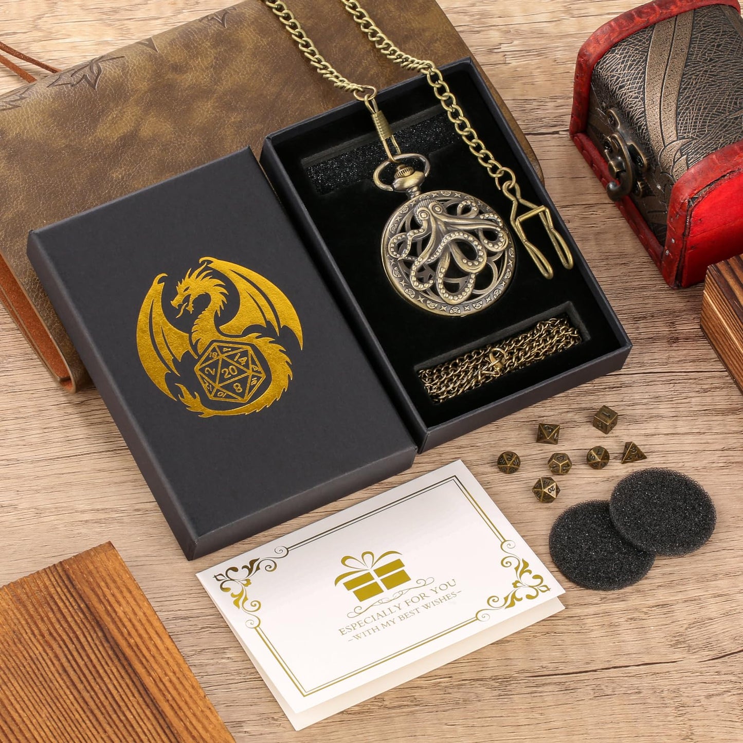 Mini DND Dice Set Steampunk Hollow Octopus Pocket Watch Shell Case, 7pcs Polyhedral Metal D&D Dice Set, DND Gifts with Gift Box