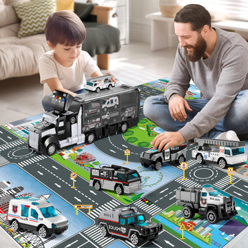 NIPLOOOW Police Trucks Toy Set with Play Mat, Carrier Truck Play Vehicles Set for 3 4 5 6 Years Old Boys Kids, Die-Cast Car Toy