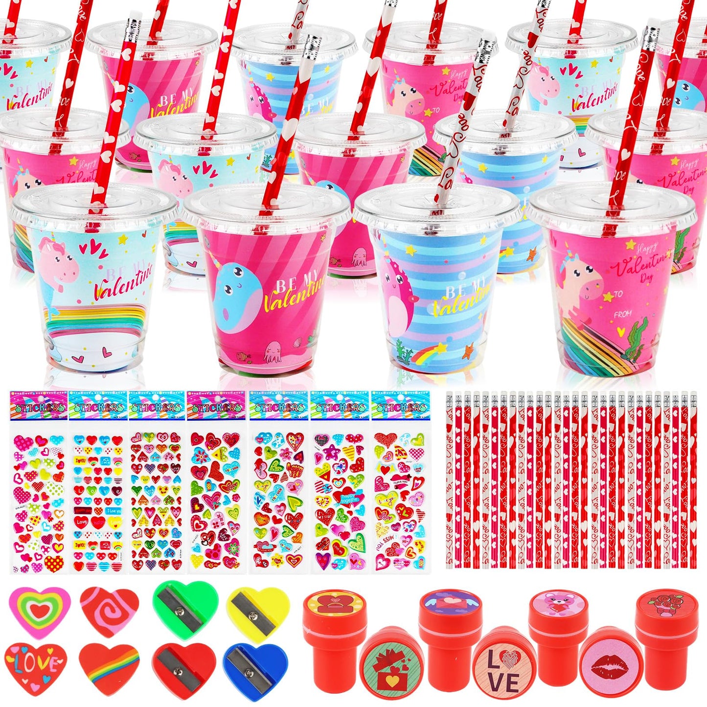 Advoxa Valentines Day Gifts For Kids - 28 Packs Valentines Stationery With Cards And Cups, Valentines Gift Exchange Classroom Pr