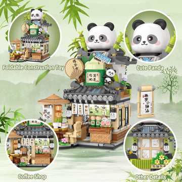 NEWABWN Street View Tea Shop Building Blocks Set, 860PCS Creative Plastic Toy, Cute Panda Animals for Kids 6-12, Gift Idea