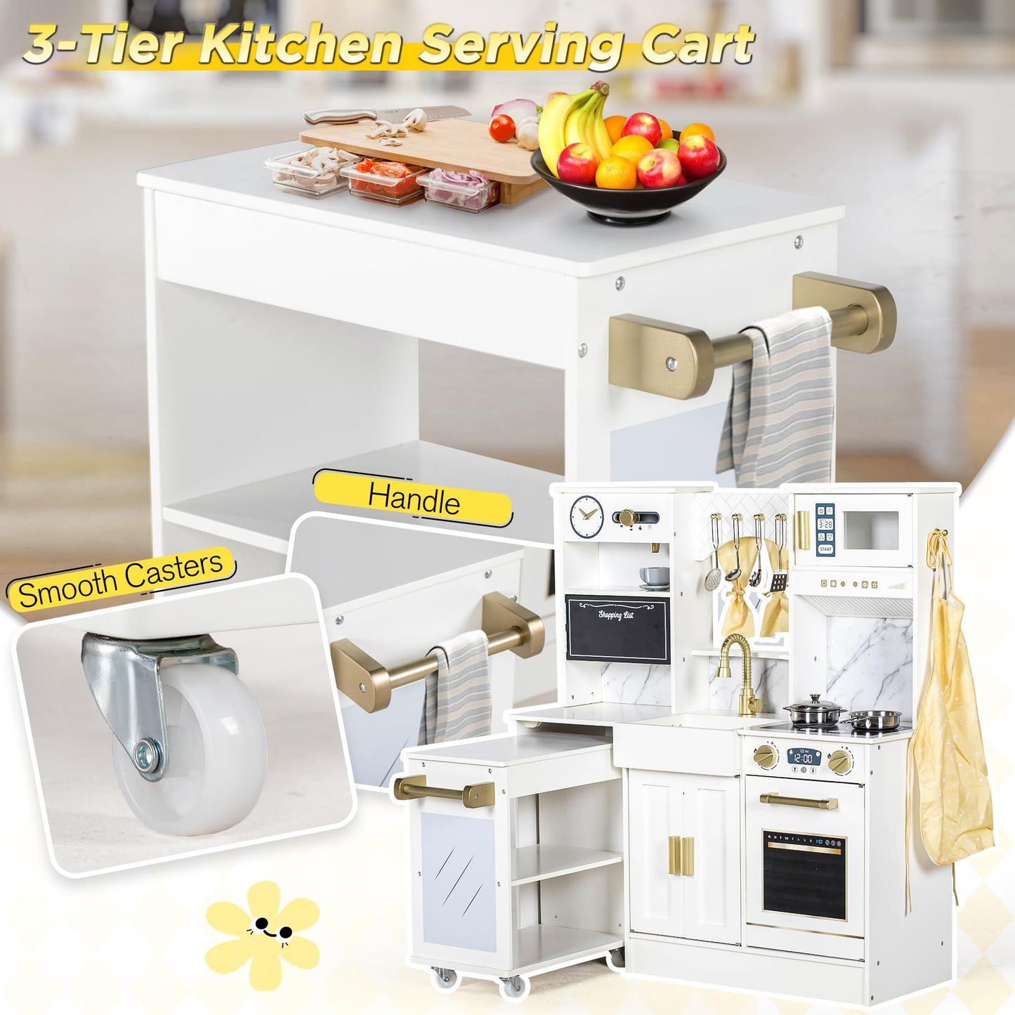 BRINJOY Kids Play Kitchen with Removable Cart, Wooden Toddler Kitchen Playset with Oven, Stove, Sink, Coffee Maker, Pretend Play