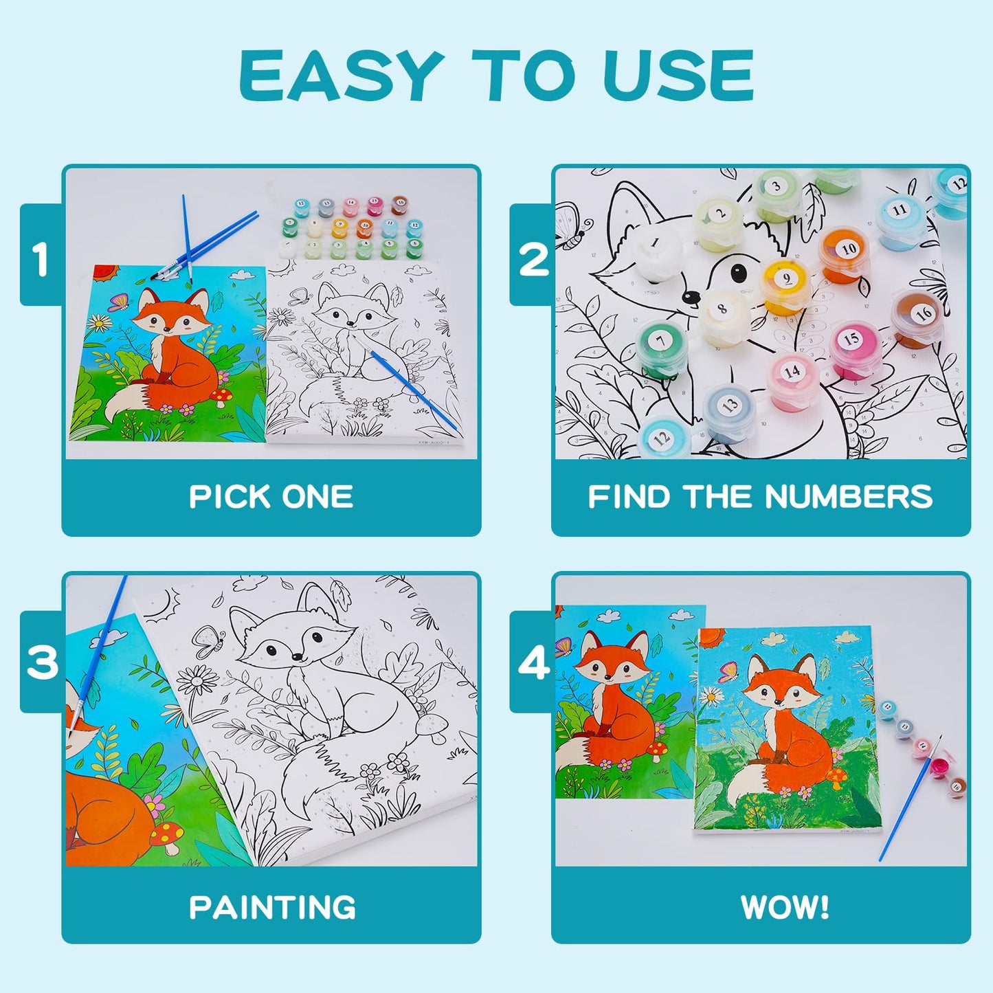 Volmop 3 Pack Paint By Numbers For Kids Ages 8-12,10 * 8'' Color By Number For Kids Framed Canvas With 17 Acrylic Paints And 6 B