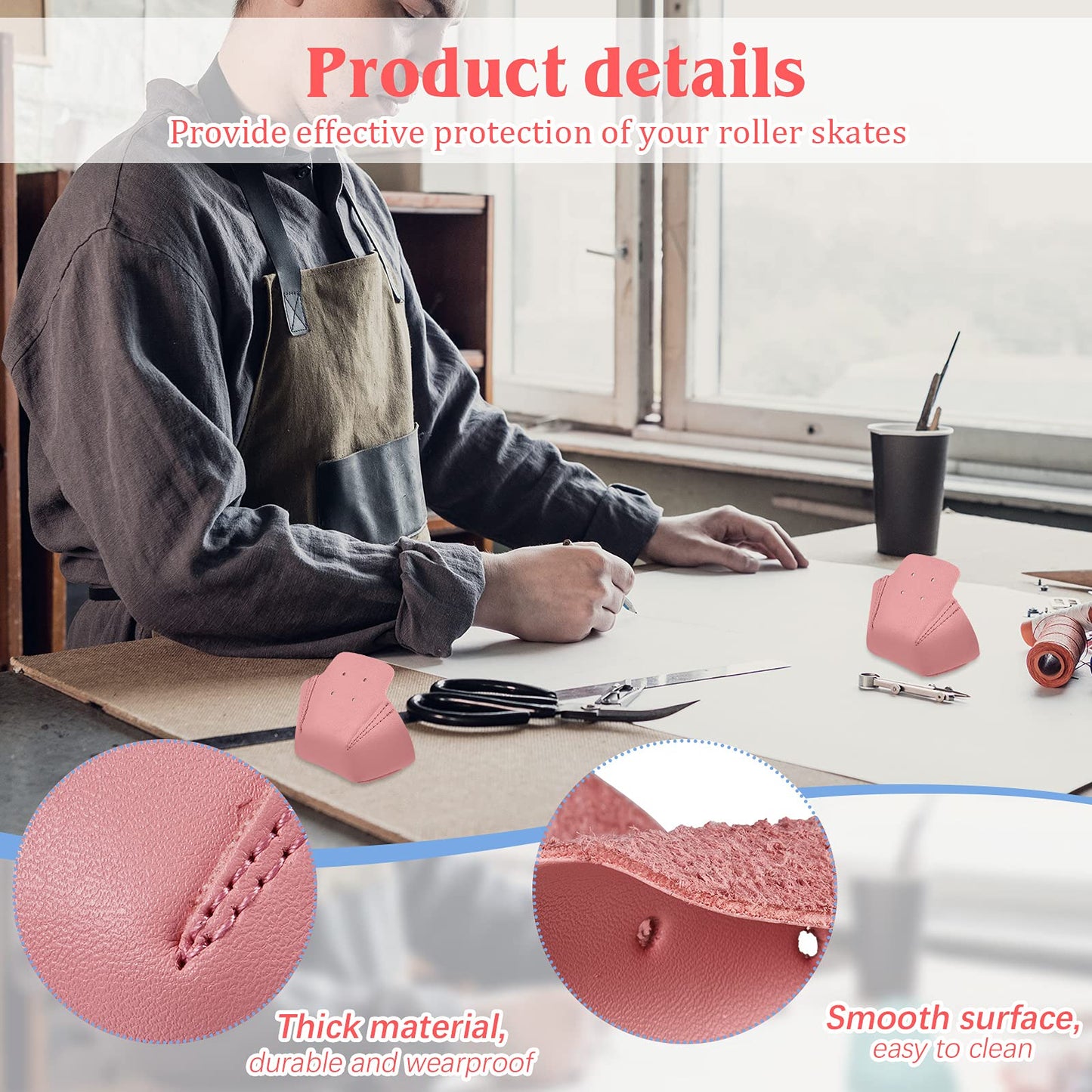2 Pieces Roller Skate Toe Guards Artificial Leather Toe Guards Protectors For Quad Roller Skate (Pink,Solid Pattern)