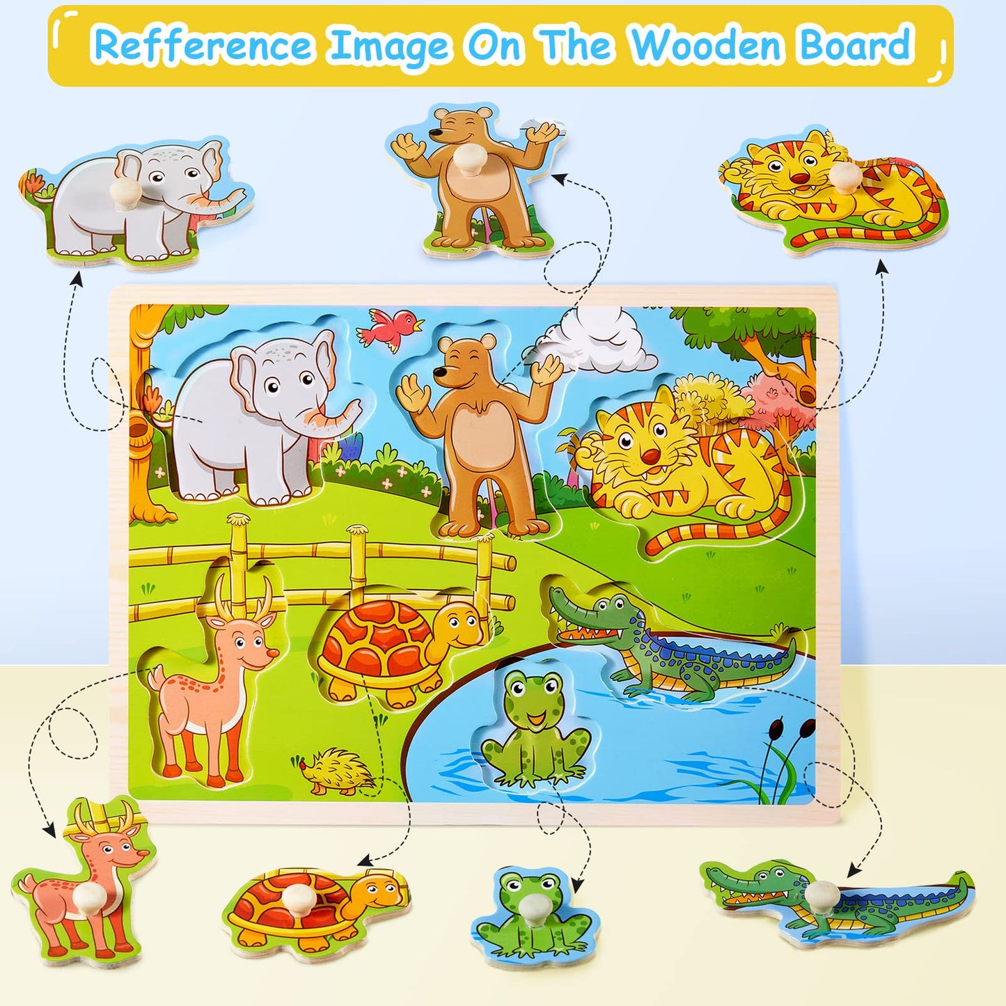 Chivao 10 Pack Wooden Peg Puzzles For Toddlers Jigsaw Learning Puzzles For Kids Wooden Toddler Toys With Alphabet Number Animal Vehicle Shape