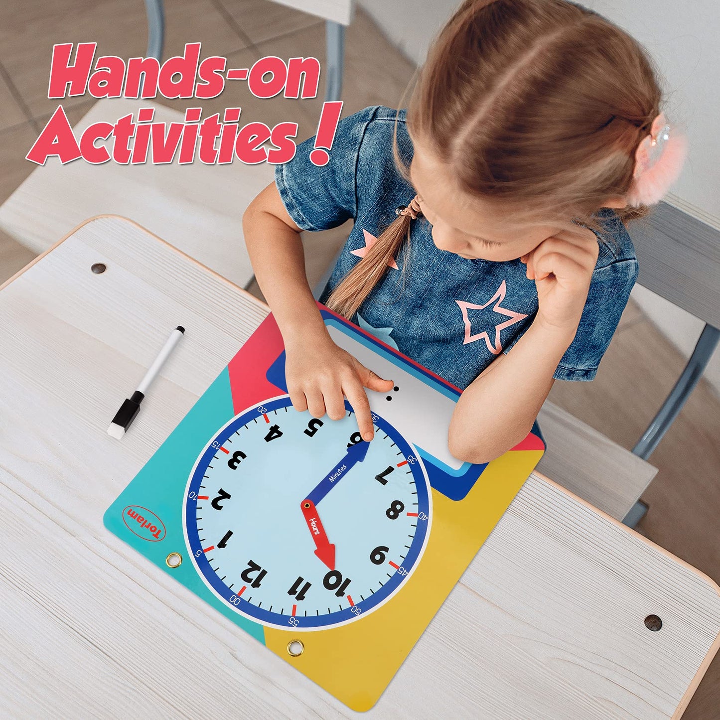 Magnetic Writable Dry Erase Learning Clock | Clock For Kids Learning To Tell Time | Large 12' Demonstration Teaching Time Practice Clock With Dry Erase Writing Surface | Pen Included | (Rainbow)