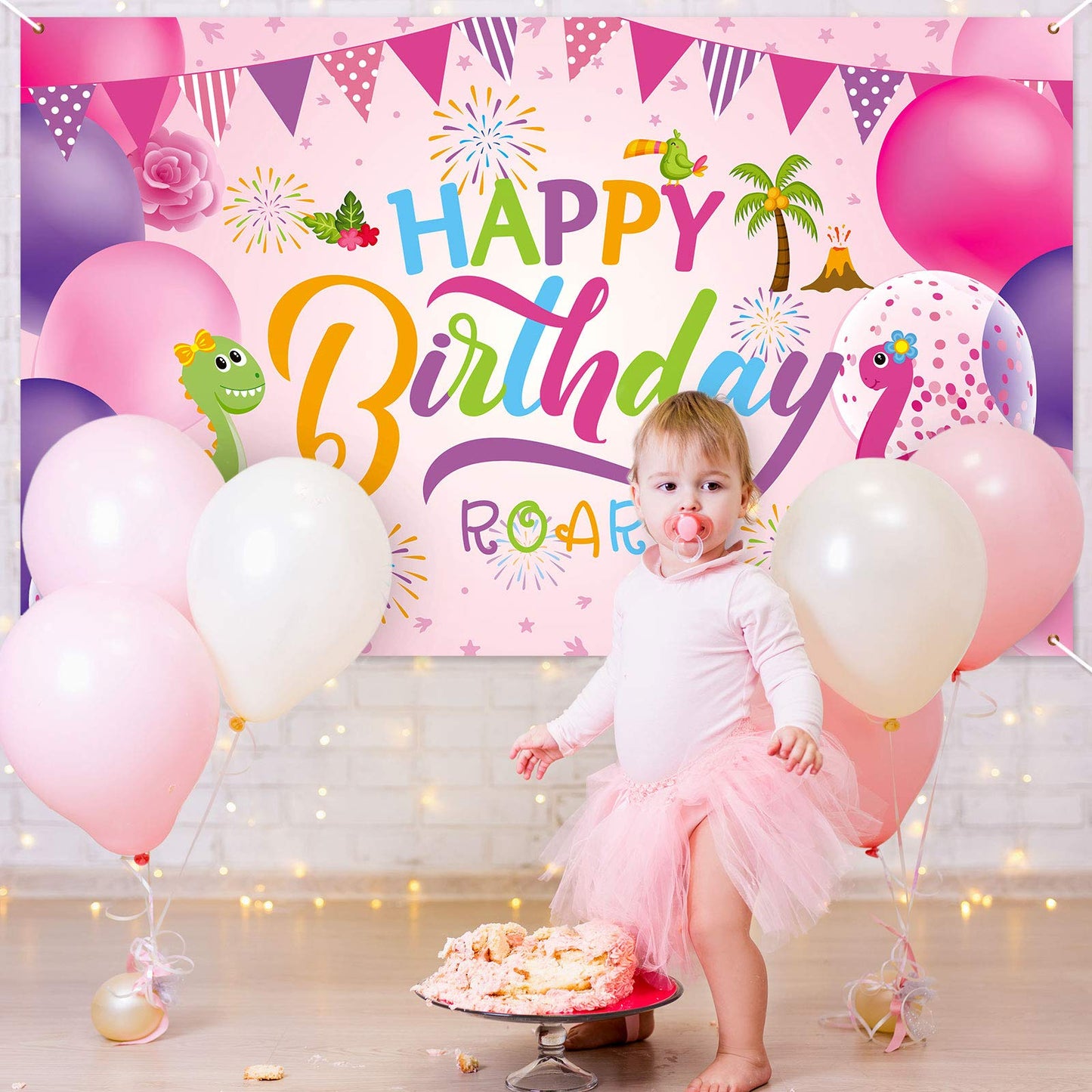 Sumind Dinosaur Happy Birthday Backdrop, Dinosaur Party Background Boy/Girl Gaming Banner For Decoration, Baby Showers And Photo Prop (Pink)