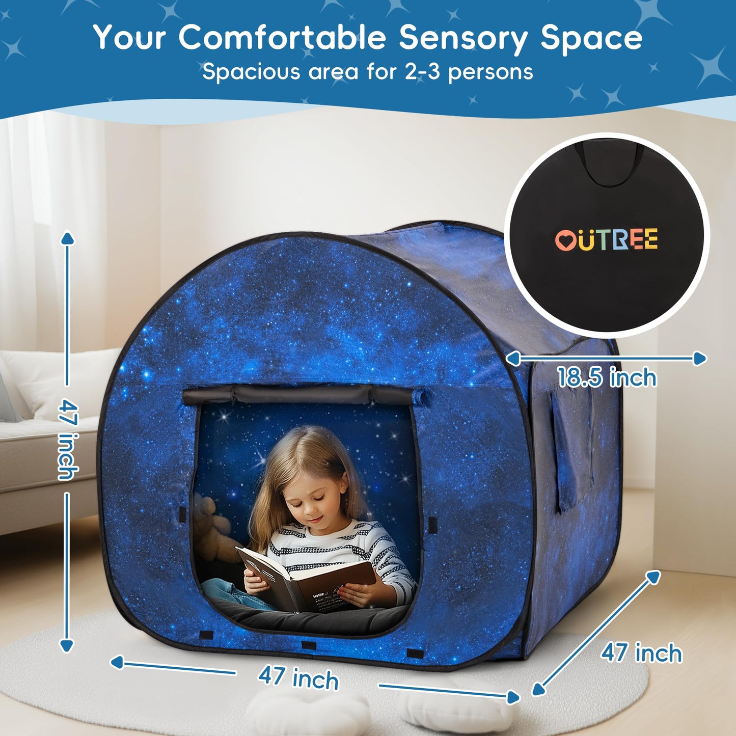OUTREE Sensory Tent 47 * 47 * 47 in,Starry Night Print,Sensory Tent for Kids with Autism, pop up Play Tent