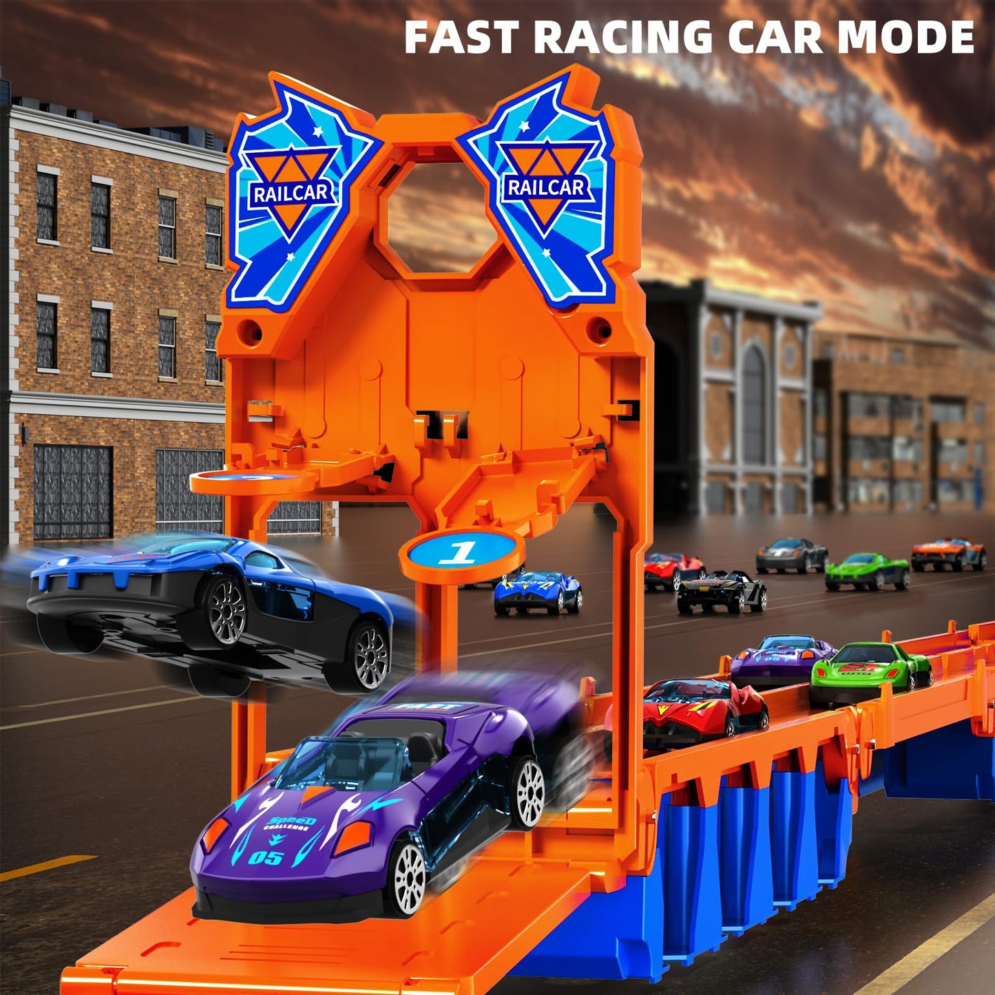 MSKOLER 78.7-Inch Racing Car Railway Truck Toy for Boys 2 3 4 5 6 7 Years Old - Transport Carrier Trucks, Foldable Tracks Storag