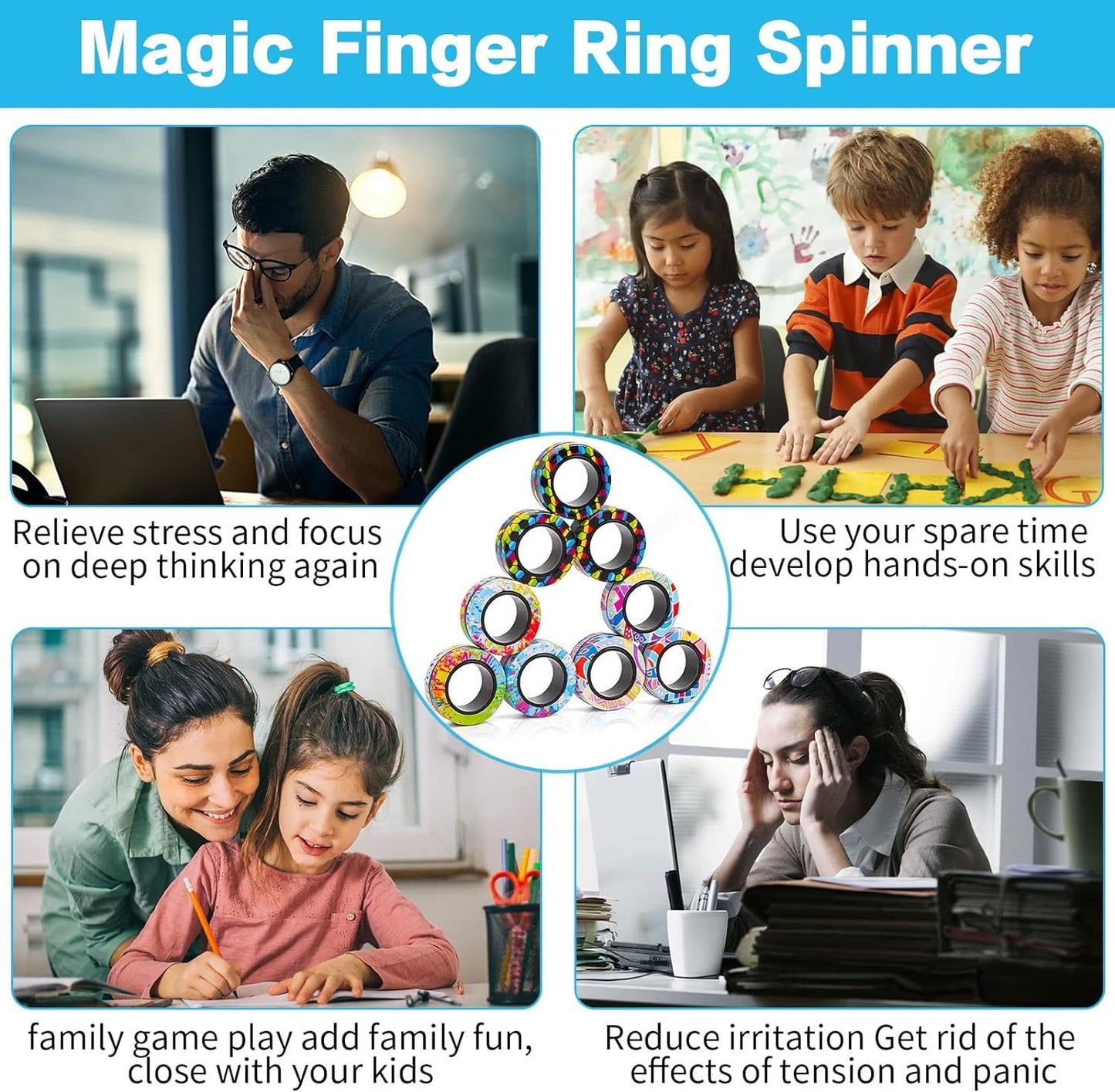 12Pcs Magnetic Rings Fidget Toys Spinner Set Easter Basket Stuffers,Finger Magnet Rings Endless Hours Of Fun Adhd Stress Relief Fidget Spinner For Relieve Anxiety Birthday For Adults Teens Kids