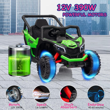 Run Fast 12v Ride on Car with Parent Remote Control Electric Ride on UTV Toys Car for Kids 3-5 2WD 25W Motors 4 Spring Suspension Safety Belt Horn Music and LED Lights (Green 12V)