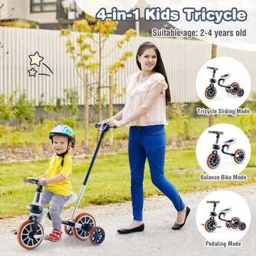 BABY JOY 4 in 1 Tricycle for Toddlers, Large Blue Carbon Steel, Model BP-206T, Adjustable Seat, Push Handle, Removable Pedals, Training Wheels