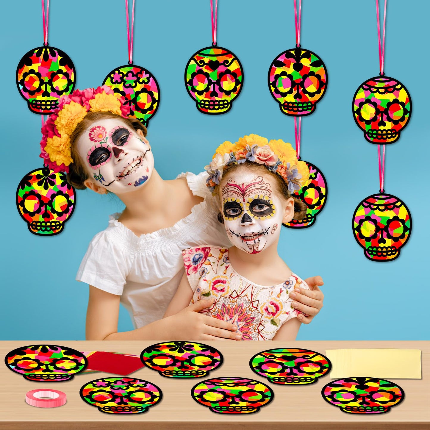 Qyeahkj 36 Set Day of The Dead Suncatchers Crafts for Kids DIY Skull Window Tissue Paper Craft Kit Hanging Decor for Mexico Home
