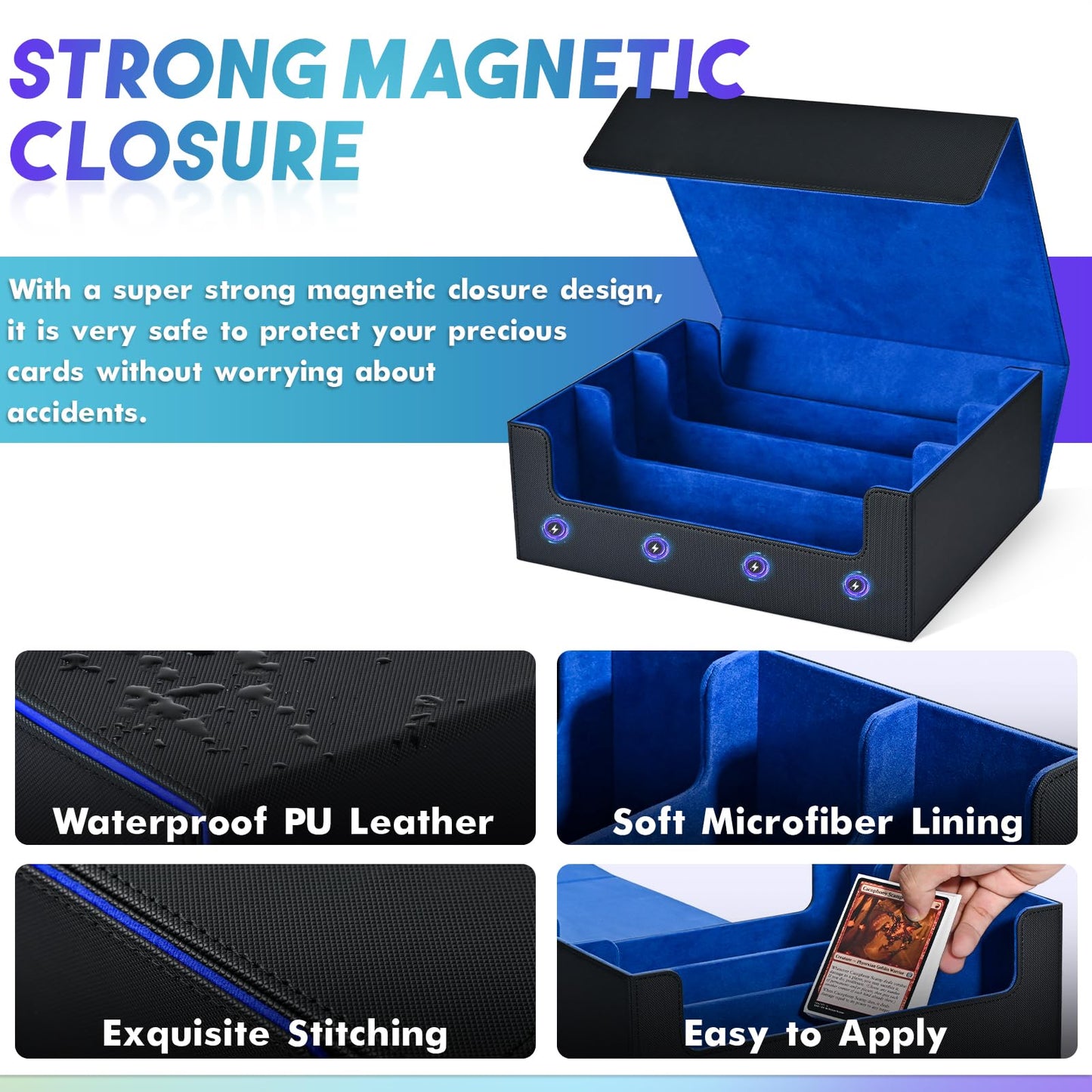Uaono Card Storage Box For Trading Cards, 1800+ Pu Leather Commander Card Deck Case, Magnetic Closure Card Holder Fits For Magic Game Cards (Black&Blue)
