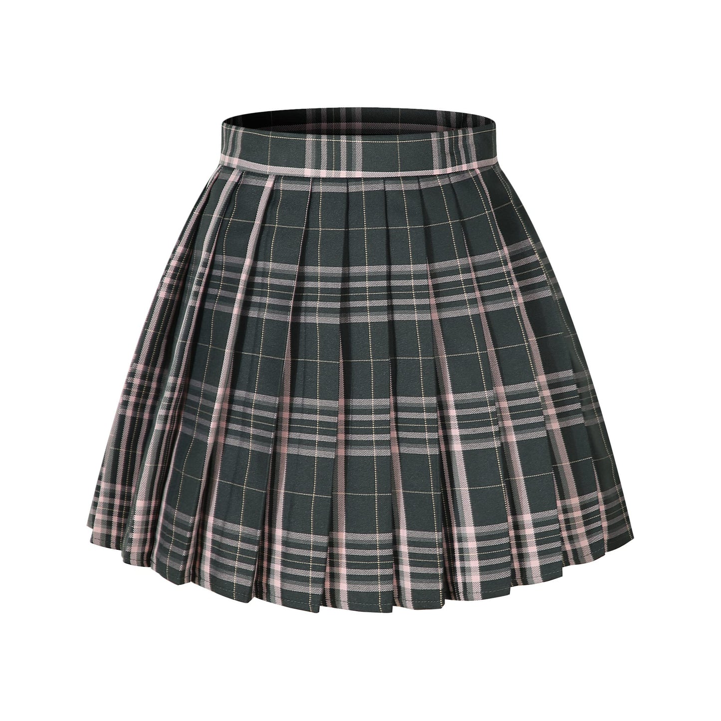 Girlss Short Pleated Plaid Costumes Skirt(Black Mixed Pink,Large)