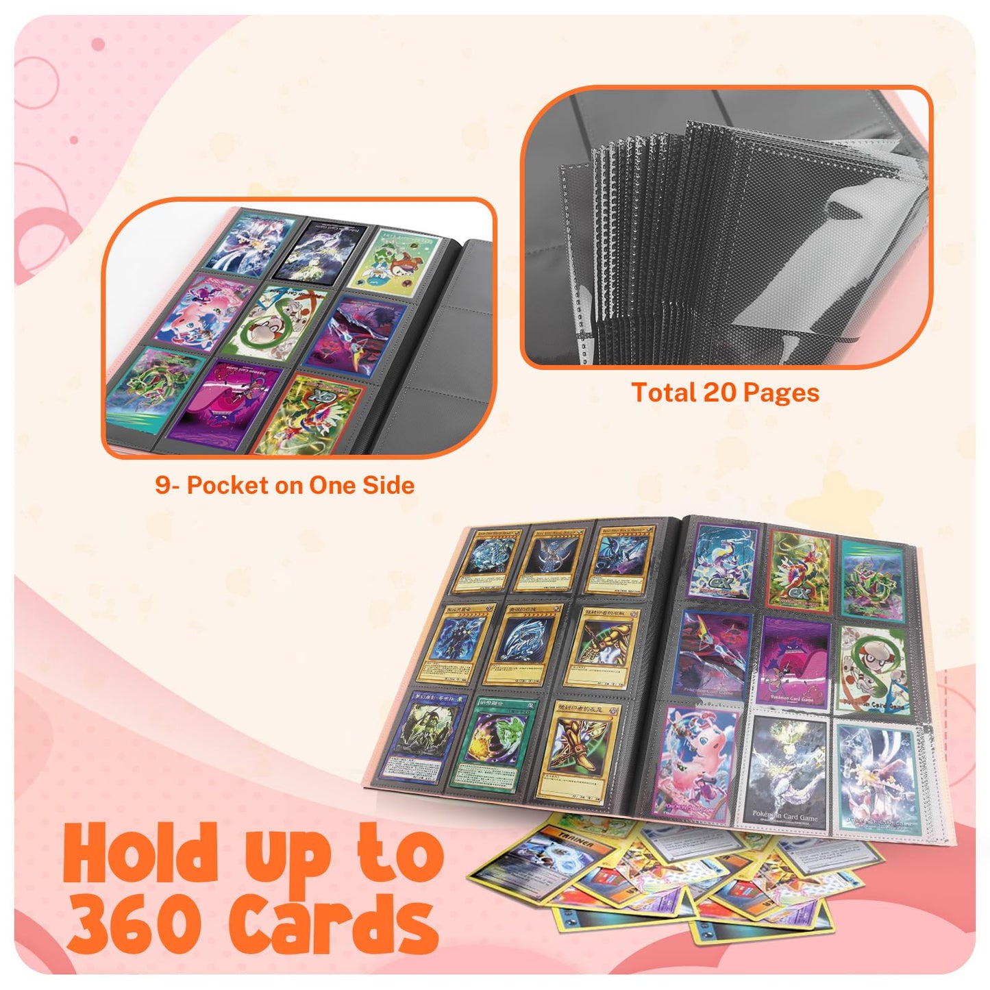 Card Binder 9 Pocket Trading Card Album Folder 20 Pages 360 Card Capacity Sports Card Binder enhanced Card Binders Compatible with MTG TCG Baseball Cards (Pink)