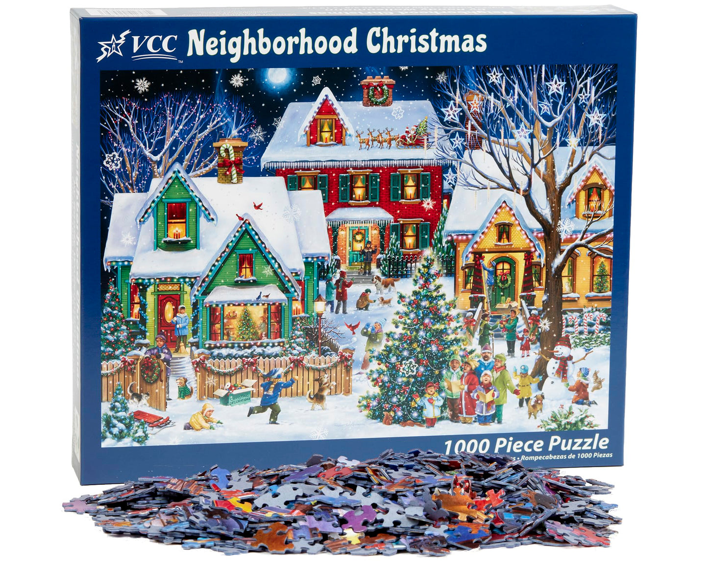Neighborhood Christmas Jigsaw Puzzle 1000 Piece By Vermont Christmas Company - Fully Interlocking & Randomly Shaped Pieces - 26 5/8' X 19 1/4'
