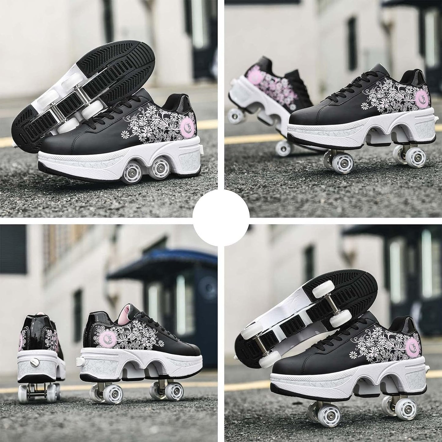 Double-Row Deform Wheel Automatic Walking Shoes Invisible Deformation Roller Skate 2 in 1 Removable Pulley Skates Skating Parkour (Black Powder US 7)