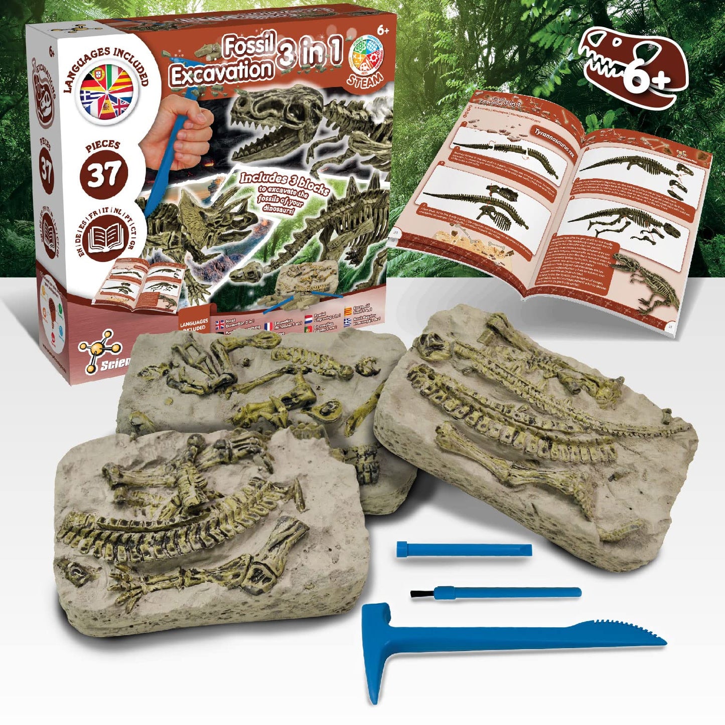 Science4You Dinosaur Fossil Excavation 3 In 1 - Fossil Digging Kit For Kids: T-Rex & Triceratops & Stegosaurus, 3 Dinosaurs Toys For Kids, 37 Pieces, Toys, Games, Gifts For 6+ Year Old Boys And Girls